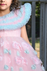 Baby pink princess gown with frilled neckline and floral embellishments - Lagorii Kids