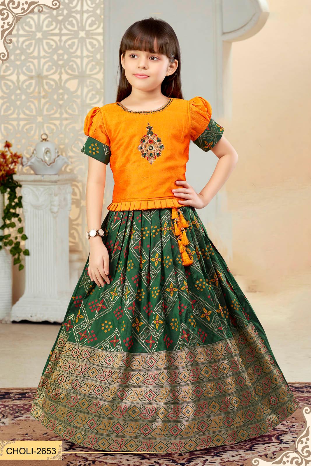 Banaras silk green and mustard yellow lehenga choli set. - Lagorii Kids