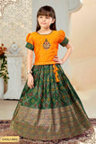 Banaras silk green and mustard yellow lehenga choli set. - Lagorii Kids