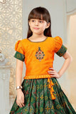 Banaras silk green and mustard yellow lehenga choli set. - Lagorii Kids