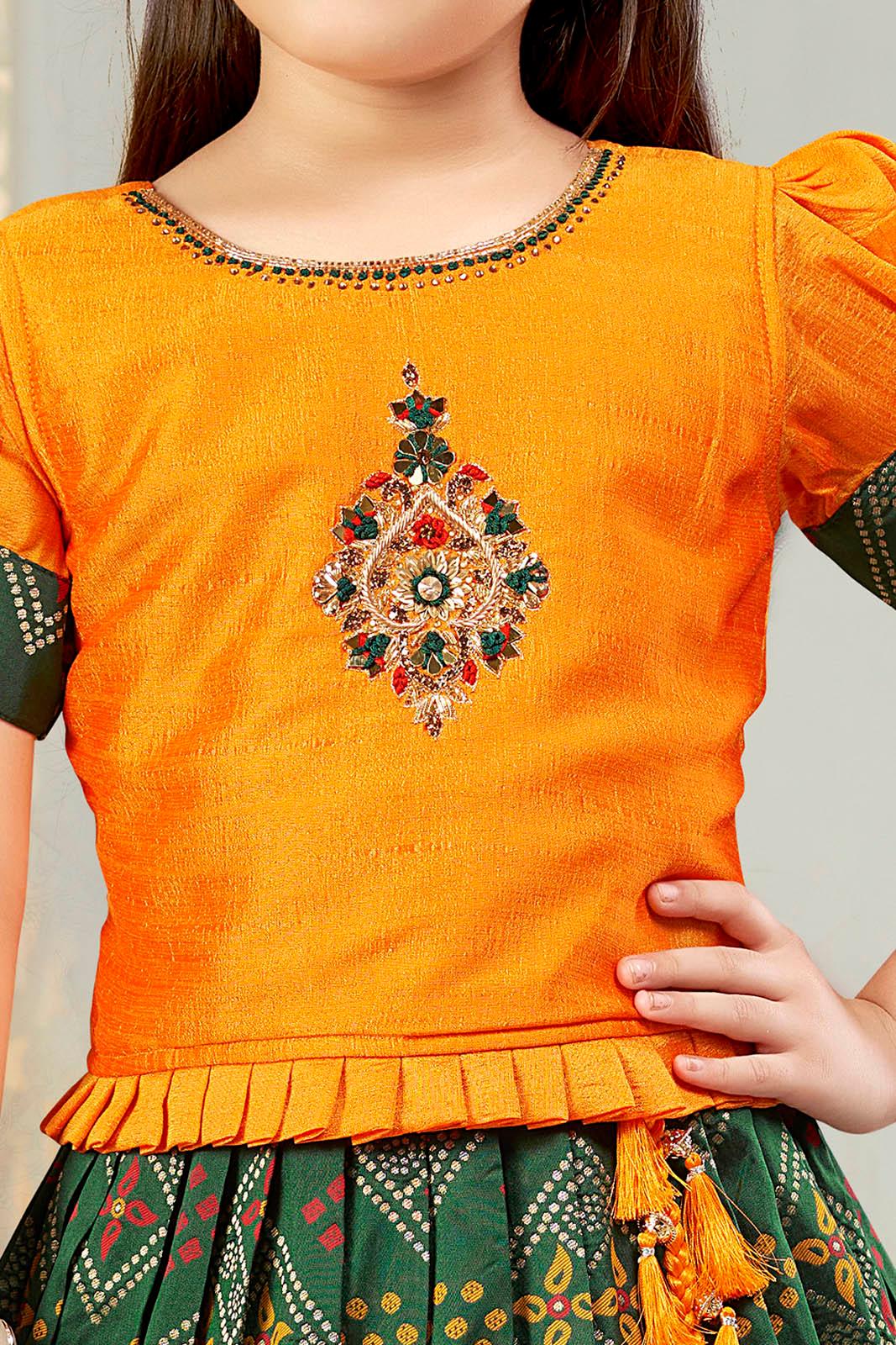 Banaras silk green and mustard yellow lehenga choli set. - Lagorii Kids