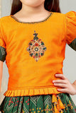 Banaras silk green and mustard yellow lehenga choli set. - Lagorii Kids