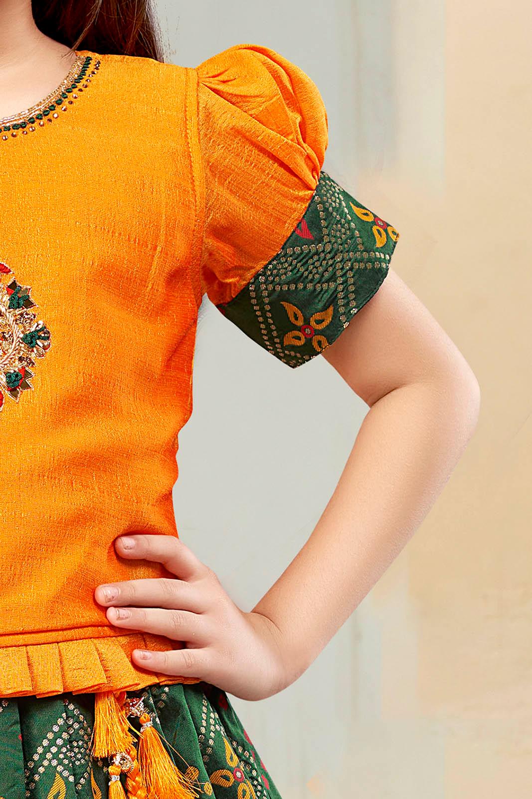 Banaras silk green and mustard yellow lehenga choli set. - Lagorii Kids
