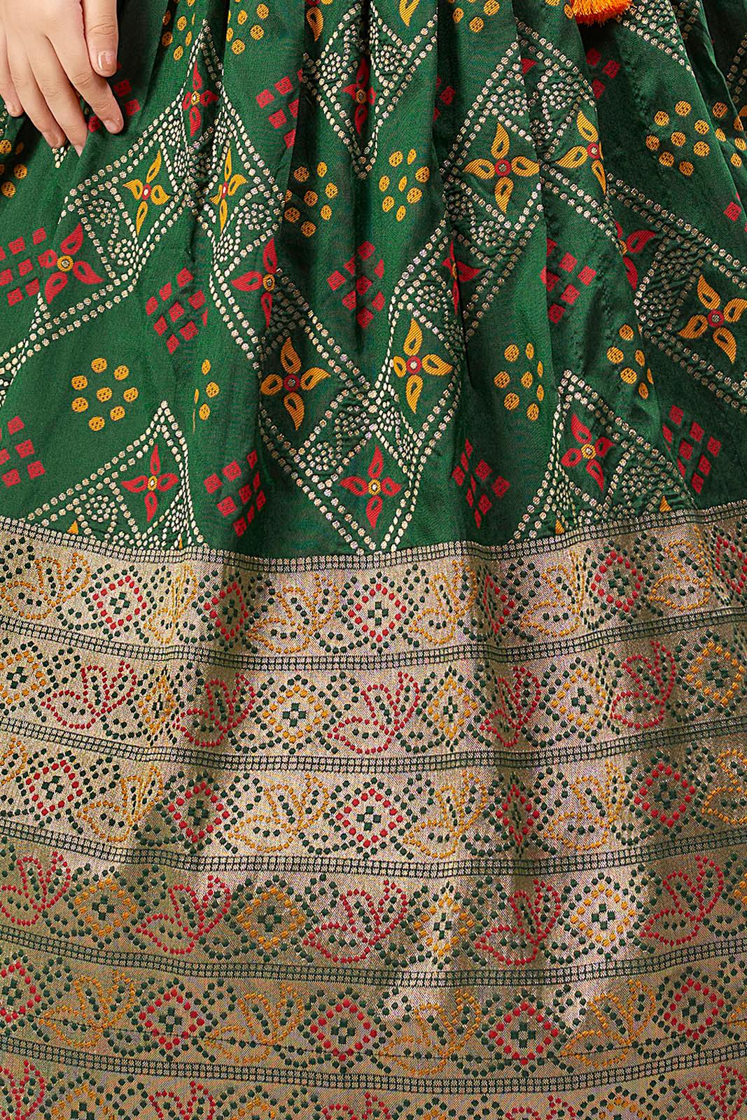Banaras silk green and mustard yellow lehenga choli set. - Lagorii Kids