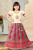 Beige and Rani pink Banaras silk lehenga choli set. - Lagorii Kids