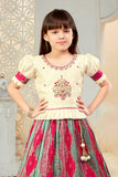 Beige and Rani pink Banaras silk lehenga choli set. - Lagorii Kids
