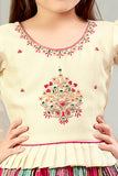 Beige and Rani pink Banaras silk lehenga choli set. - Lagorii Kids