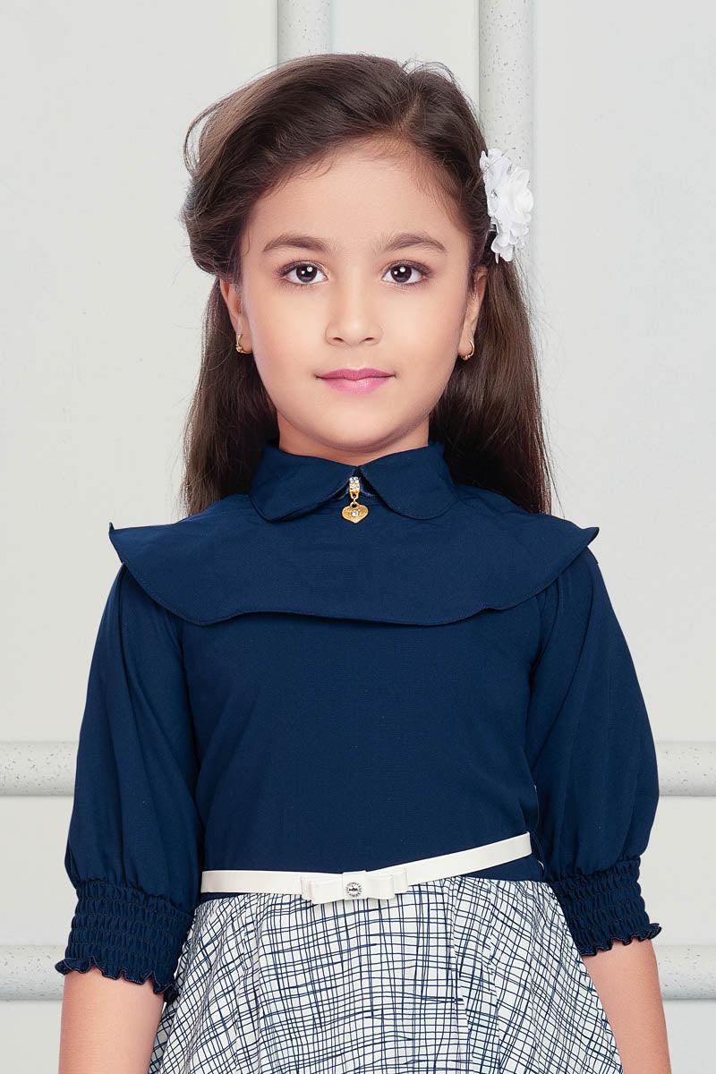 Blue and white cotton blend dress with white belt - Lagorii Kids