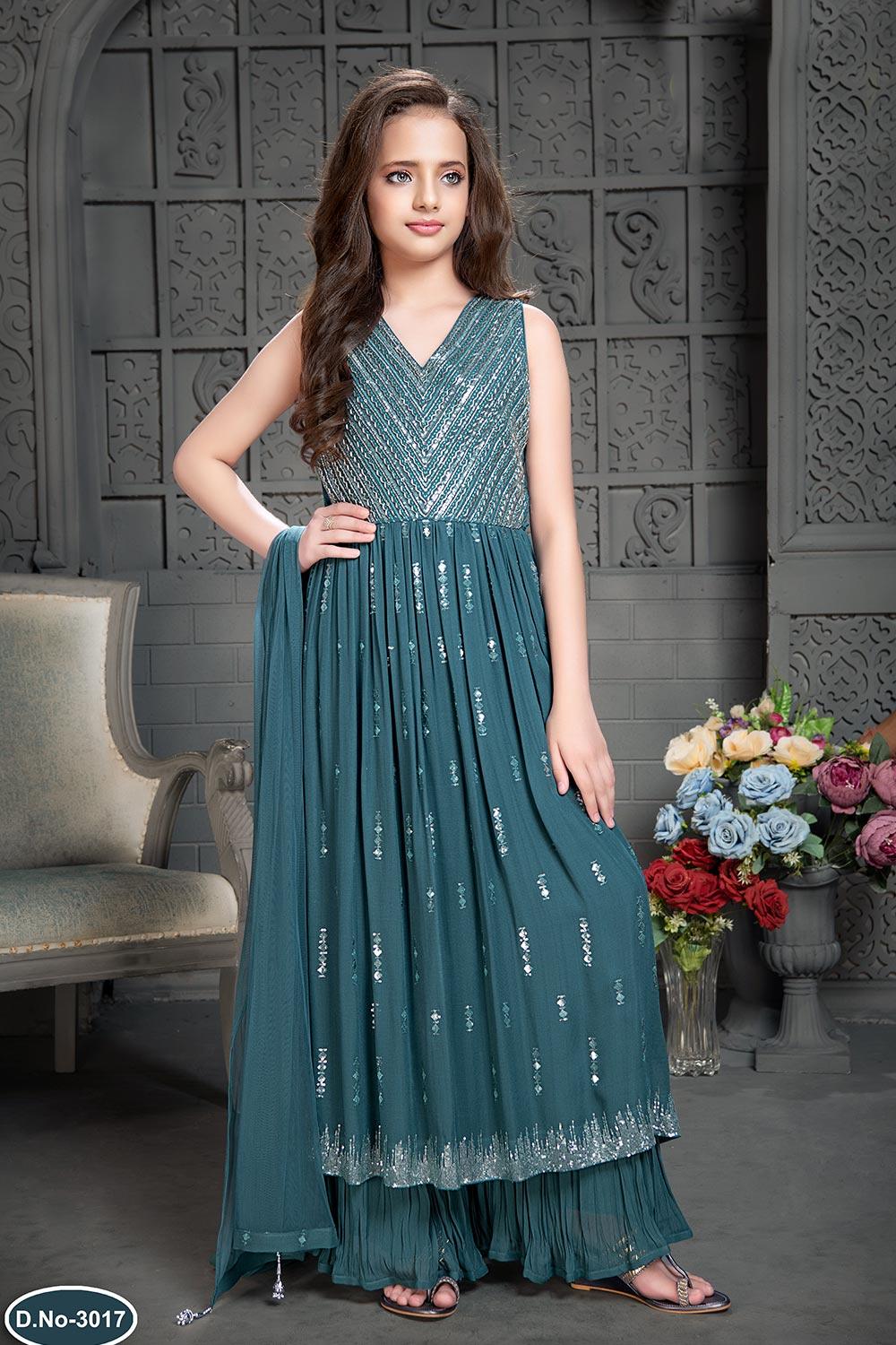 Dark teal color Anarkali and palazzo set. - Lagorii Kids