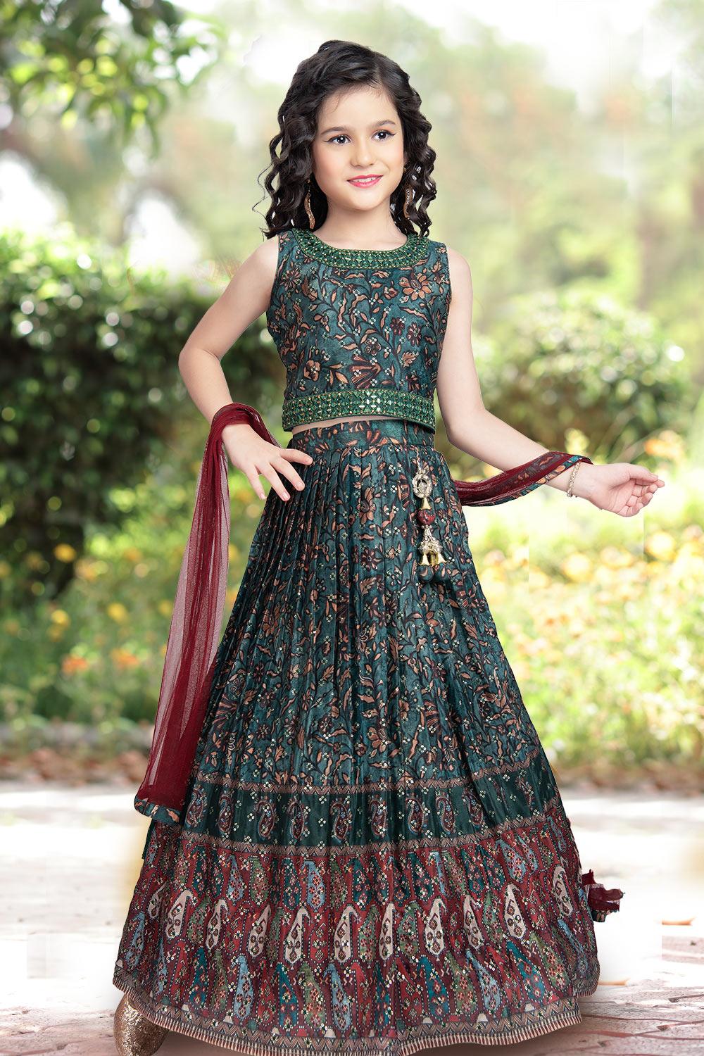 Deep green printed lehenga choli set with contrasting dupatta. - Lagorii Kids