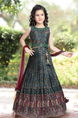 Deep green printed lehenga choli set with contrasting dupatta. - Lagorii Kids