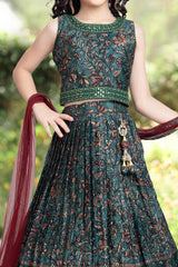 Deep green printed lehenga choli set with contrasting dupatta. - Lagorii Kids