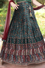 Deep green printed lehenga choli set with contrasting dupatta. - Lagorii Kids