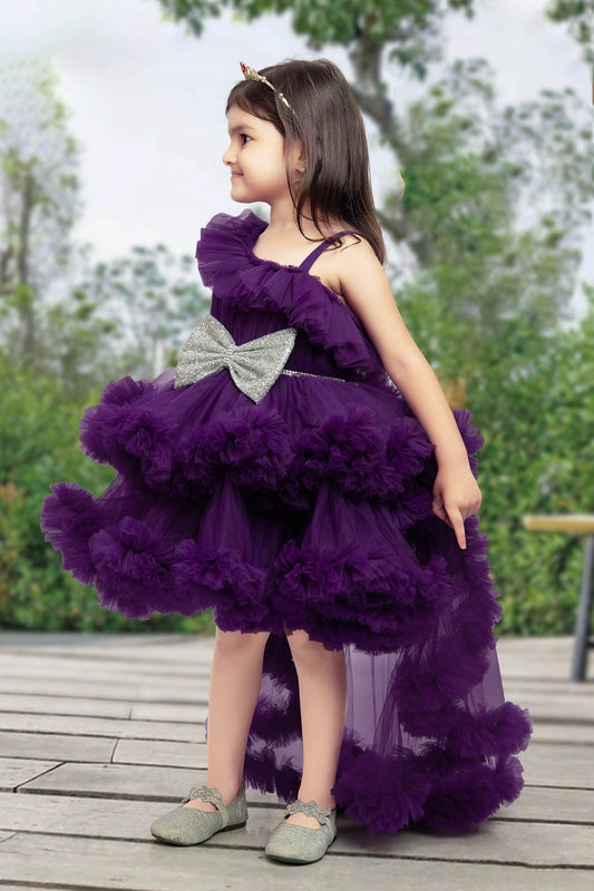 Deep violet layered frilled frock with silver bow. – Lagorii Kids