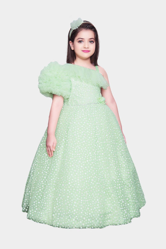 Designer Pista Green Gown With Floral Patch Work