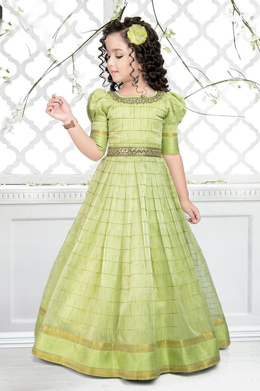 Full Length Green Gown with Puffed Sleeves | Trending Ethnic Wear for Girls