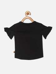 Girl's Cotton Black Embellished Casual Round Neck Top - Lagorii Kids