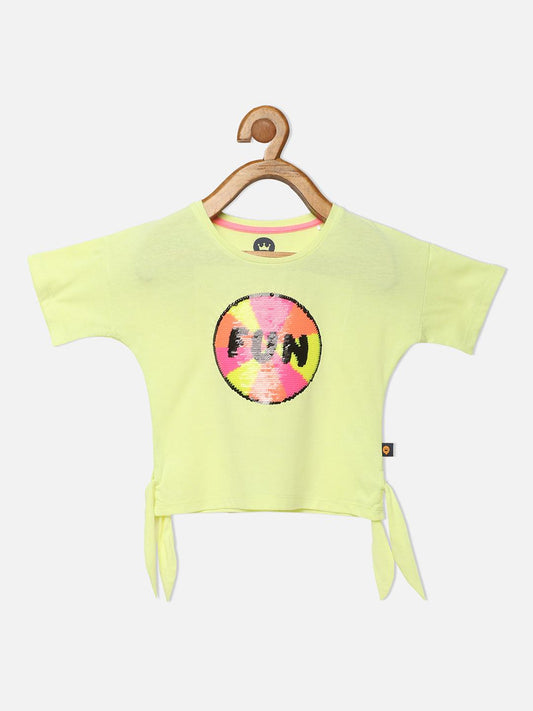 Girl's Cotton Yellow Embellished Casual Round Neck Top - Lagorii Kids