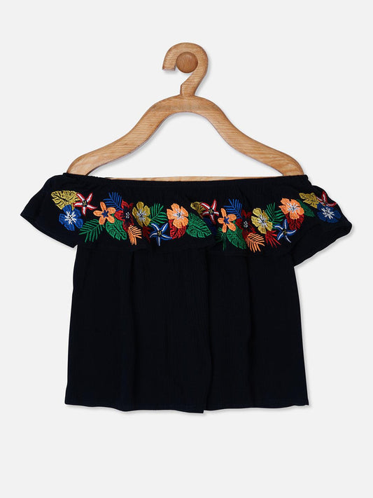Girls cotton black embroidered off shoulder top - Lagorii Kids