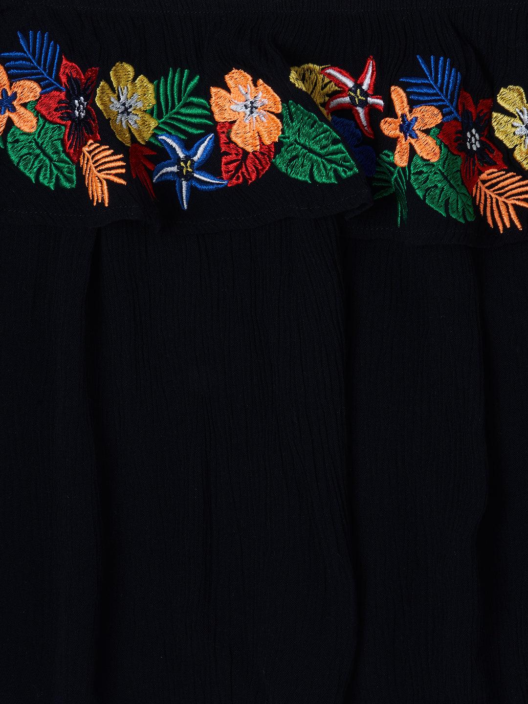 Girls cotton black embroidered off shoulder top - Lagorii Kids
