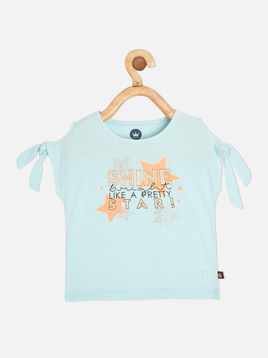 Girls cotton blue embellished casual round neck top - Lagorii Kids