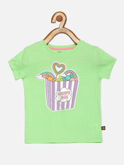 Girls cotton green printed casual round neck T-Shirt - Lagorii Kids
