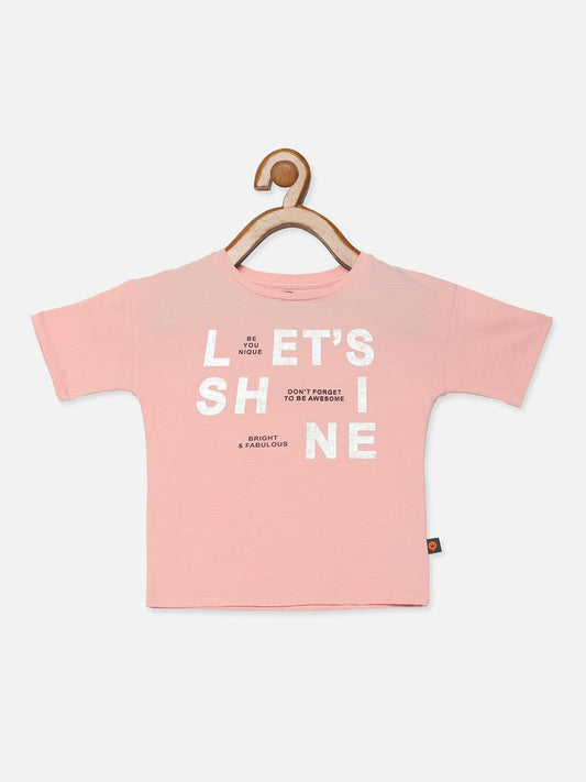 Girls cotton peach printed casual round neck T-Shirt - Lagorii Kids