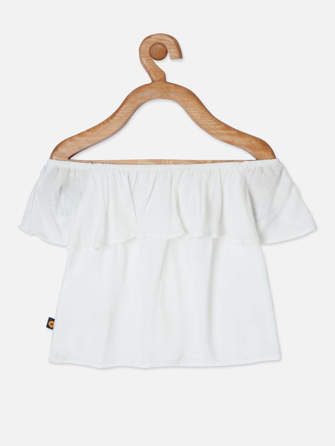 Girls cotton White embroidered off shoulder top - Lagorii Kids