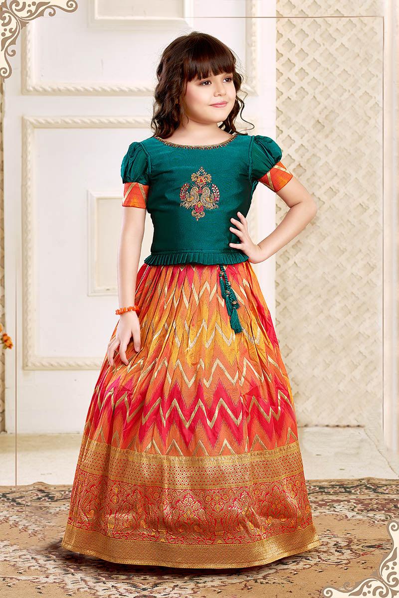 Sequin And Bead Work Top With Puffed Sleeves Embroidered Dual Colour Banarasi Lehenga for Girls - Lagorii Kids