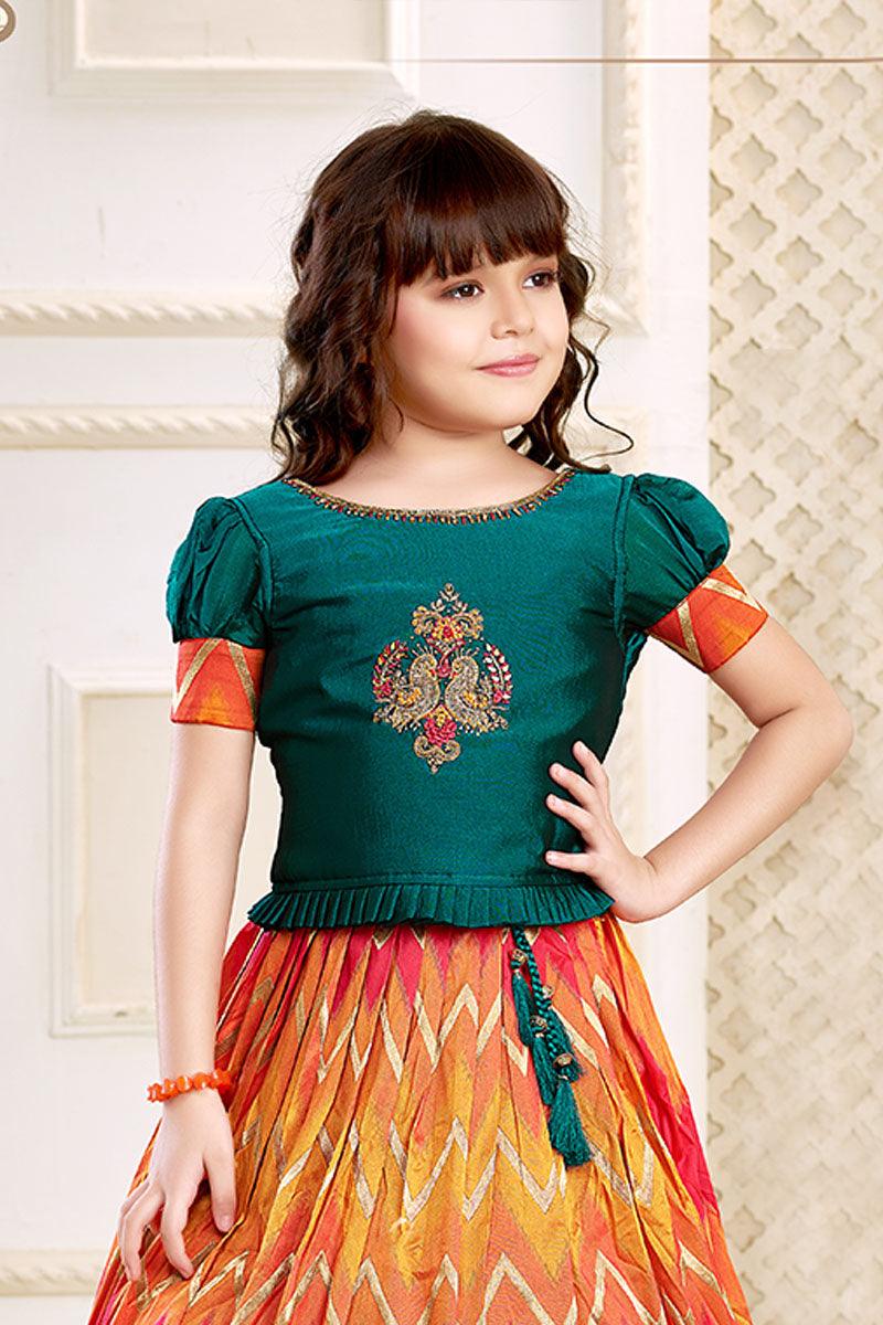 Sequin And Bead Work Top With Puffed Sleeves Embroidered Dual Colour Banarasi Lehenga for Girls - Lagorii Kids
