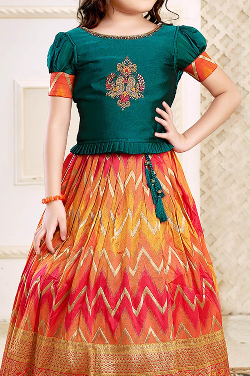 Sequin And Bead Work Top With Puffed Sleeves Embroidered Dual Colour Banarasi Lehenga for Girls - Lagorii Kids