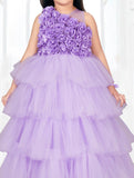 Lavender multilayered frilled gown with rose surface embellishment. - Lagorii Kids