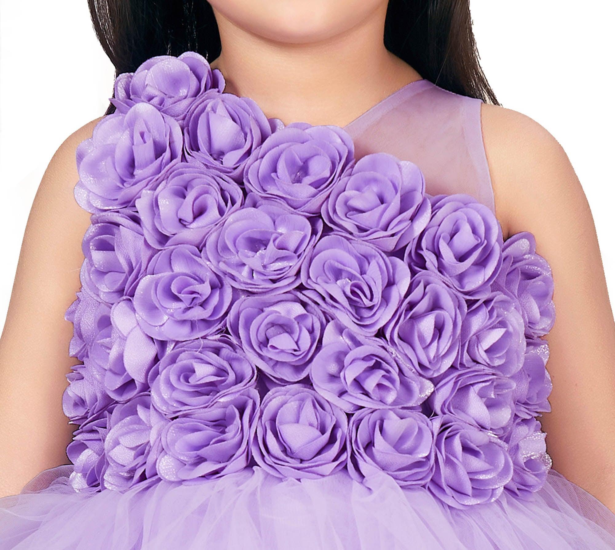 Lavender multilayered frilled gown with rose surface embellishment. - Lagorii Kids