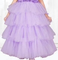 Lavender multilayered frilled gown with rose surface embellishment. - Lagorii Kids