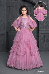 Layered frilled taffy colored full length gown with ruffle sleeveless pattern. - Lagorii Kids
