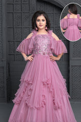 Layered frilled taffy colored full length gown with ruffle sleeveless pattern. - Lagorii Kids