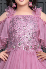 Layered frilled taffy colored full length gown with ruffle sleeveless pattern. - Lagorii Kids