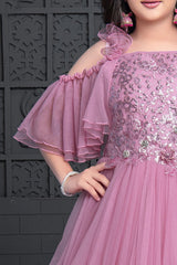 Layered frilled taffy colored full length gown with ruffle sleeveless pattern. - Lagorii Kids