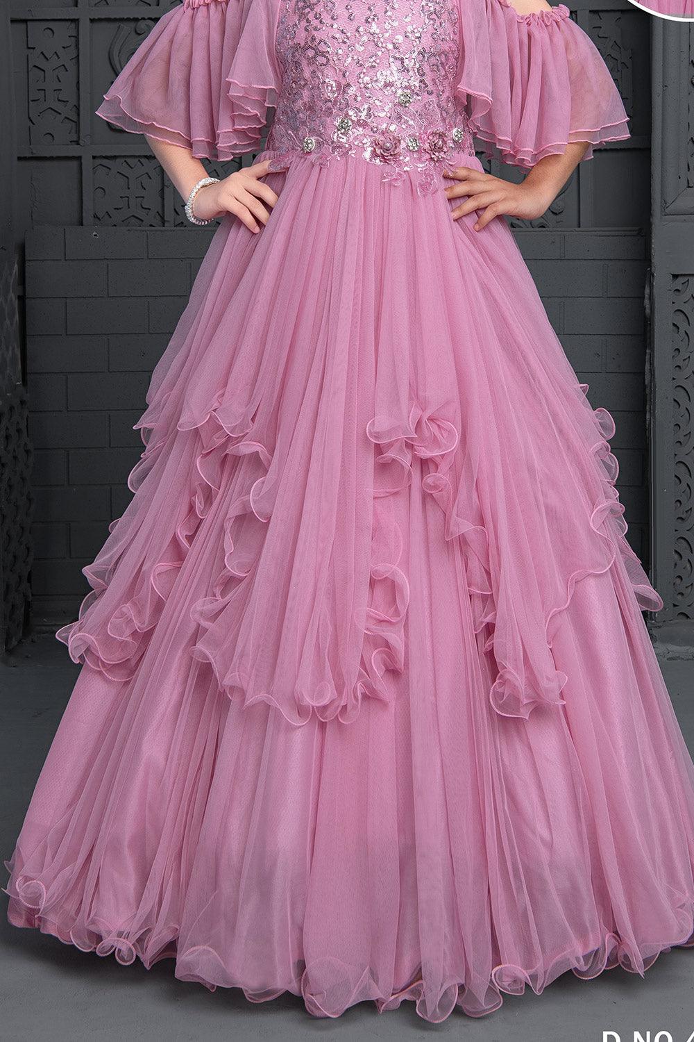 Layered frilled taffy colored full length gown with ruffle sleeveless pattern. - Lagorii Kids
