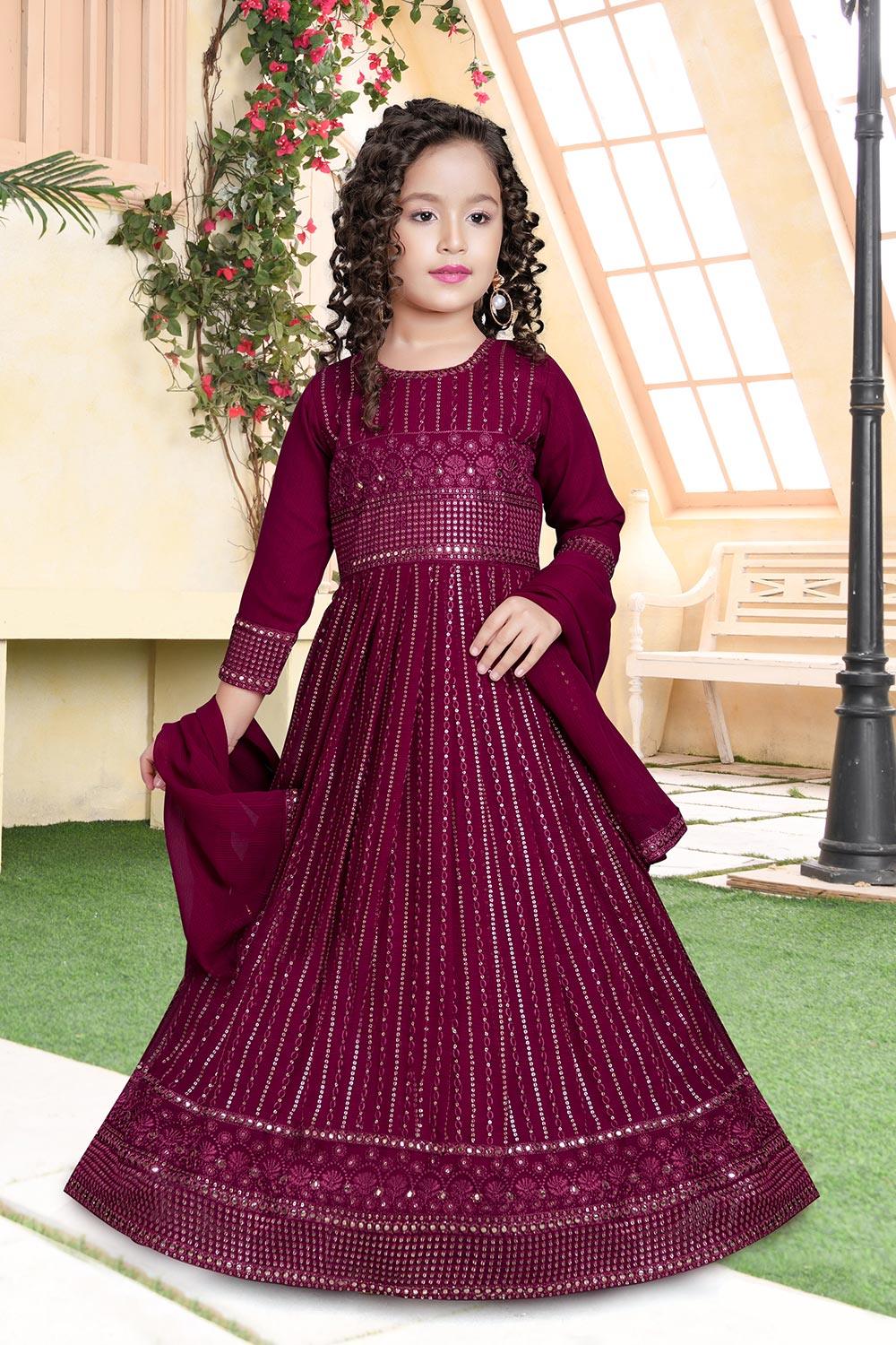 Maroon Anarkali with mirror work and thread work - Lagorii Kids