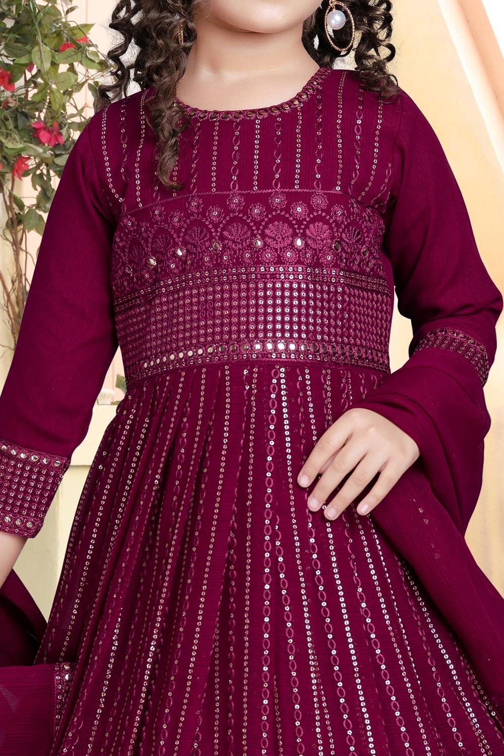 Maroon Anarkali with mirror work and thread work - Lagorii Kids