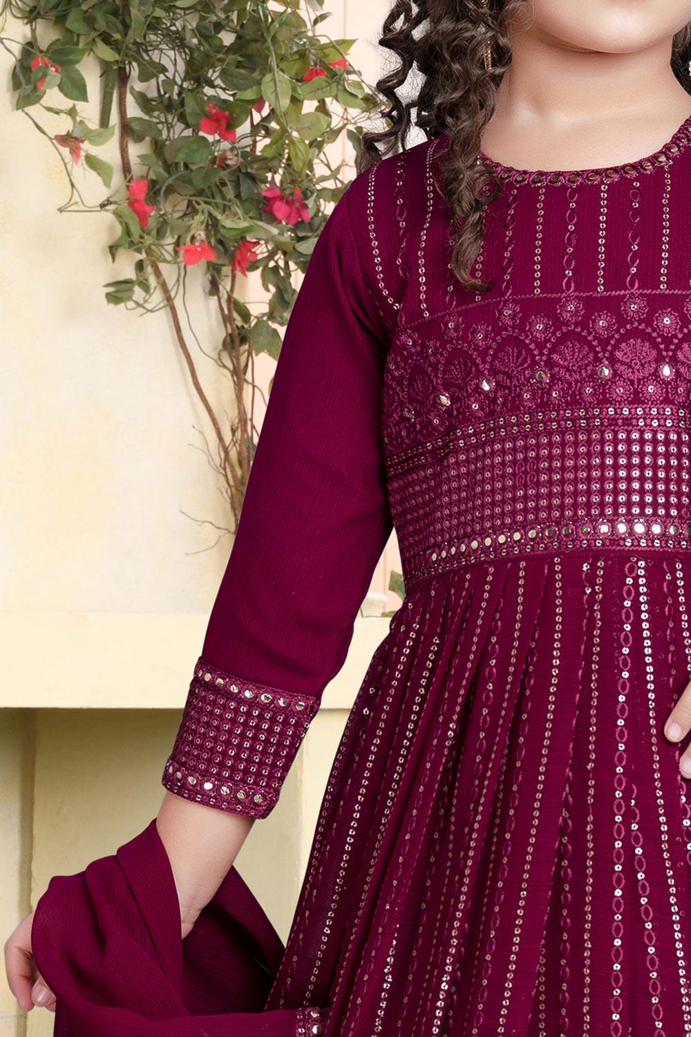 Maroon Anarkali with mirror work and thread work - Lagorii Kids