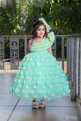 Mint green princess gown with frilled neckline and floral embellishments - Lagorii Kids