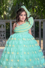 Mint green princess gown with frilled neckline and floral embellishments - Lagorii Kids