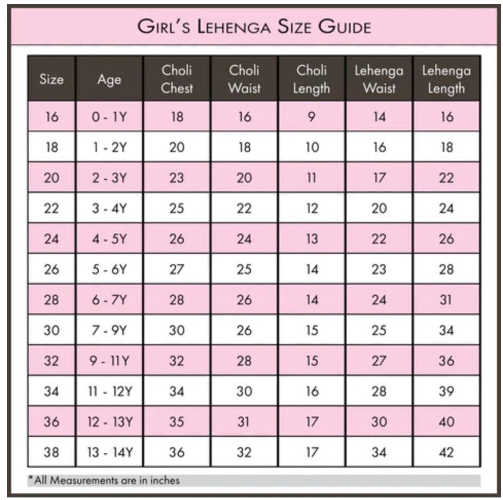 Lehenga size chart for girls