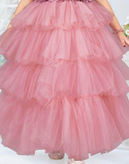 Onion Pink multilayered frilled gown with rose surface embellishment. - Lagorii Kids