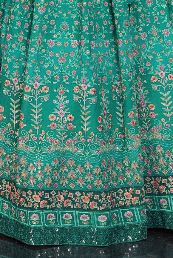 Peacock Green Pure Silk, Thread, Sequins and Mirror work lehenga choli for girls - Lagorii Kids