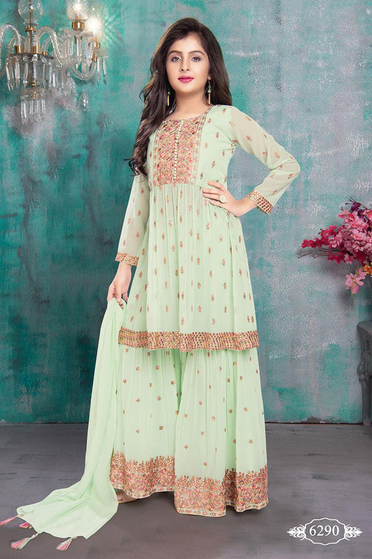 Pista green Sharara with threadwork set. - Lagorii Kids