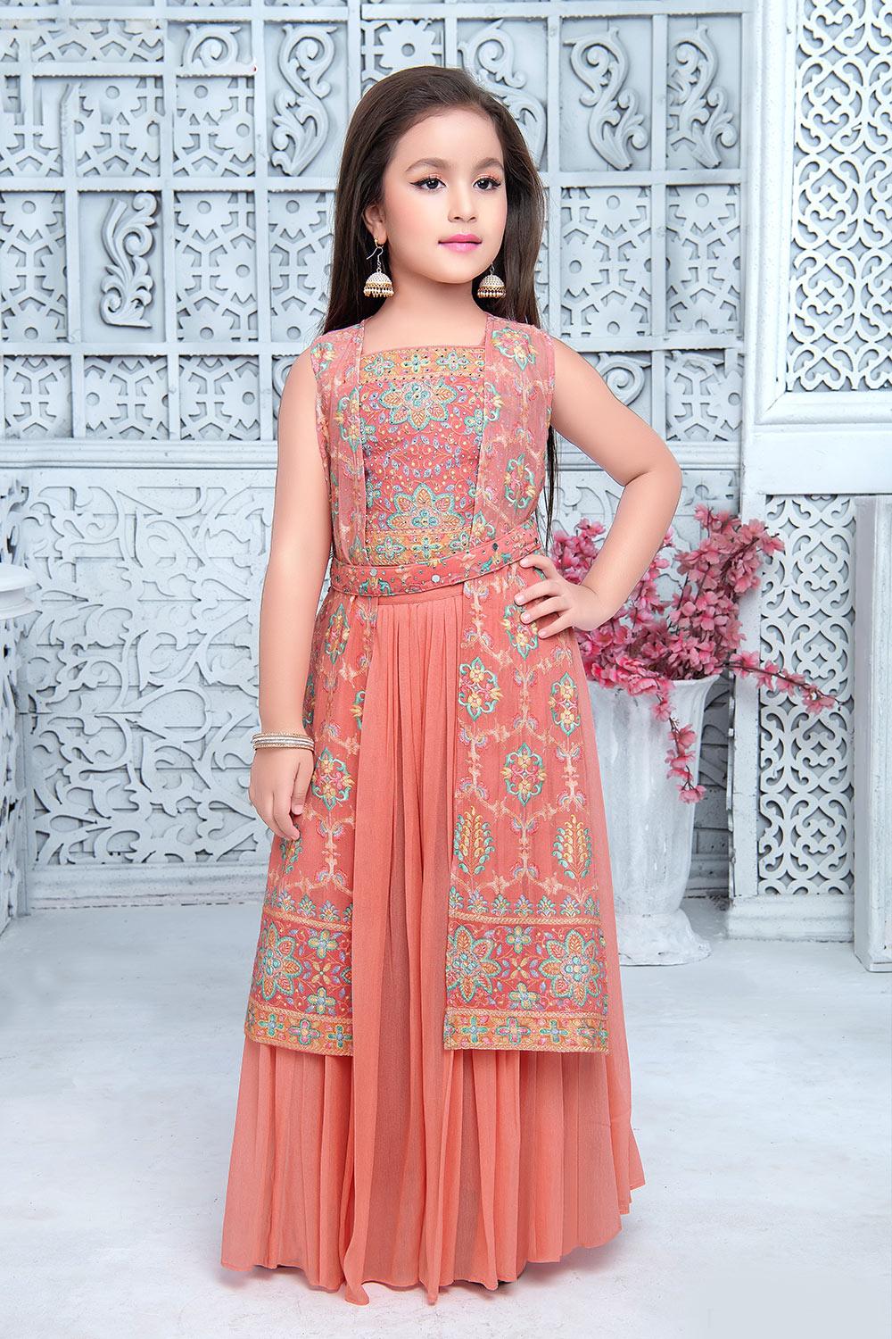 Premium coral palazzo set with shrug and belt | rich embroidery