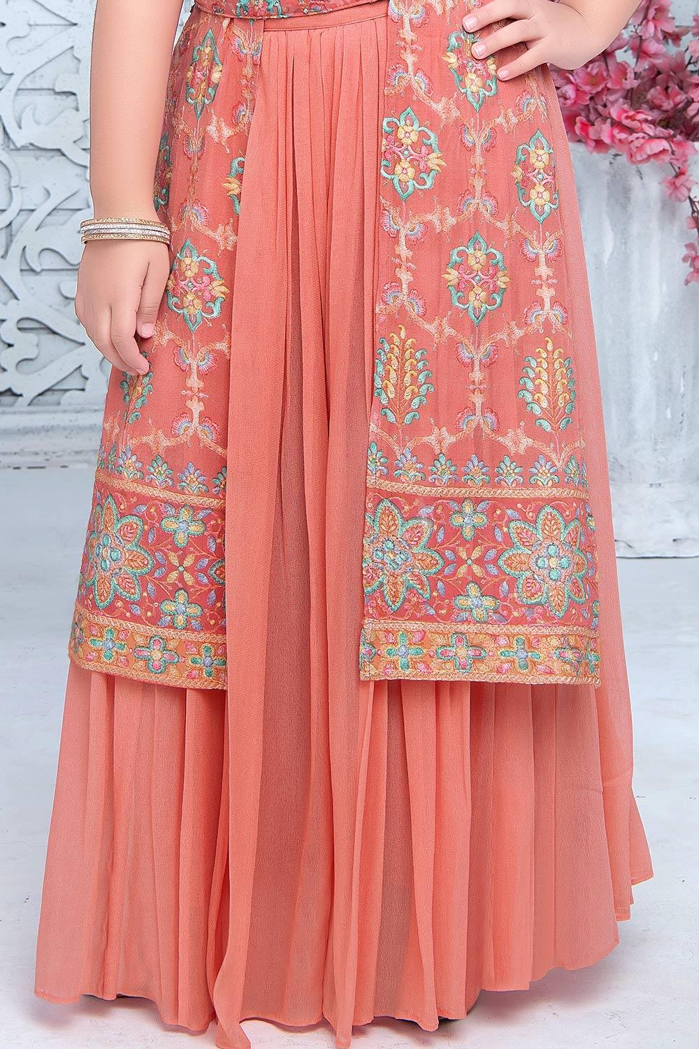 Premium coral palazzo set with shrug and belt | rich embroidery